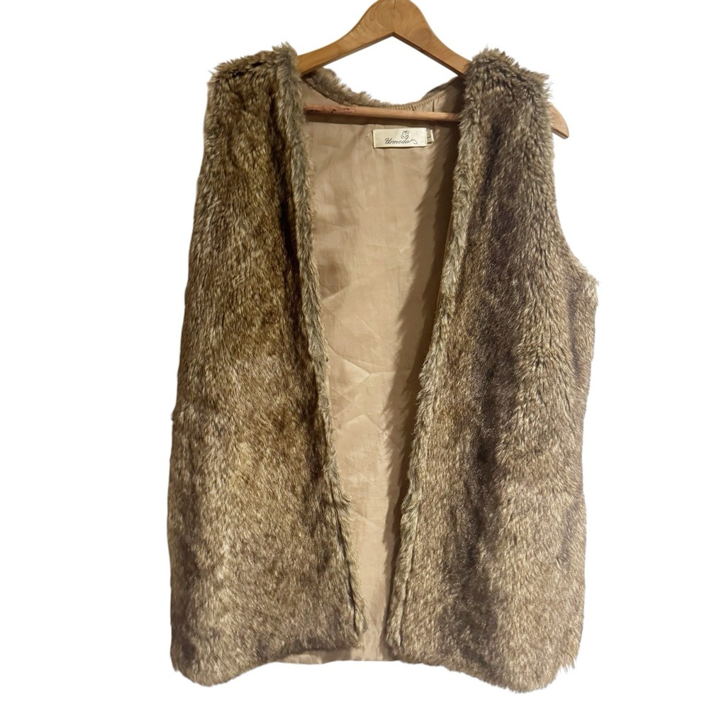 URMODA Women Large Brown Faux Fur Vest Mob Wife Y2K Festival Lined